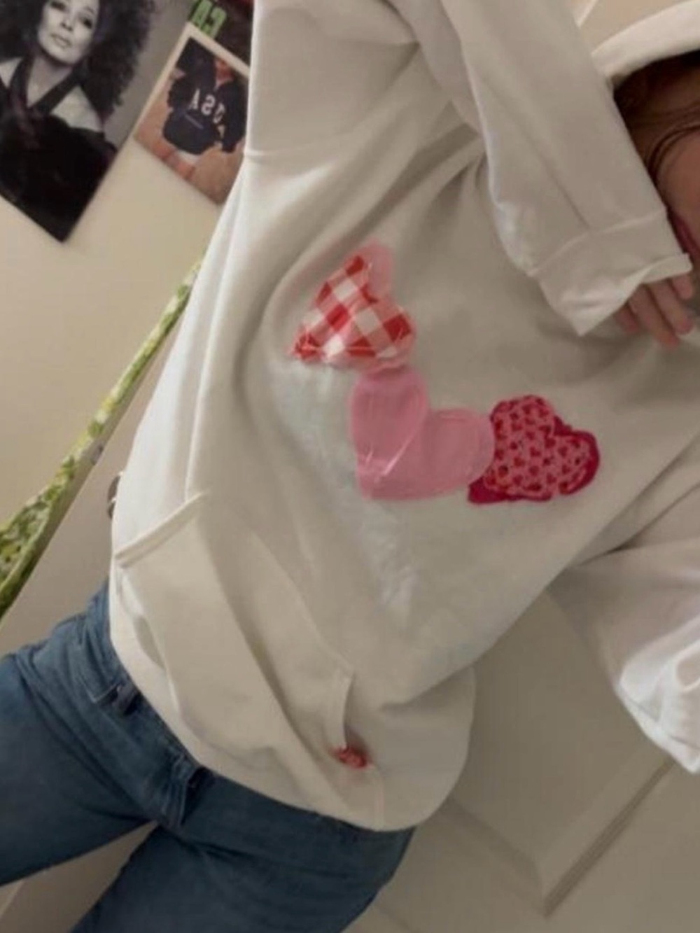 Girls' White Hoodie with Pink Heart Appliqués
